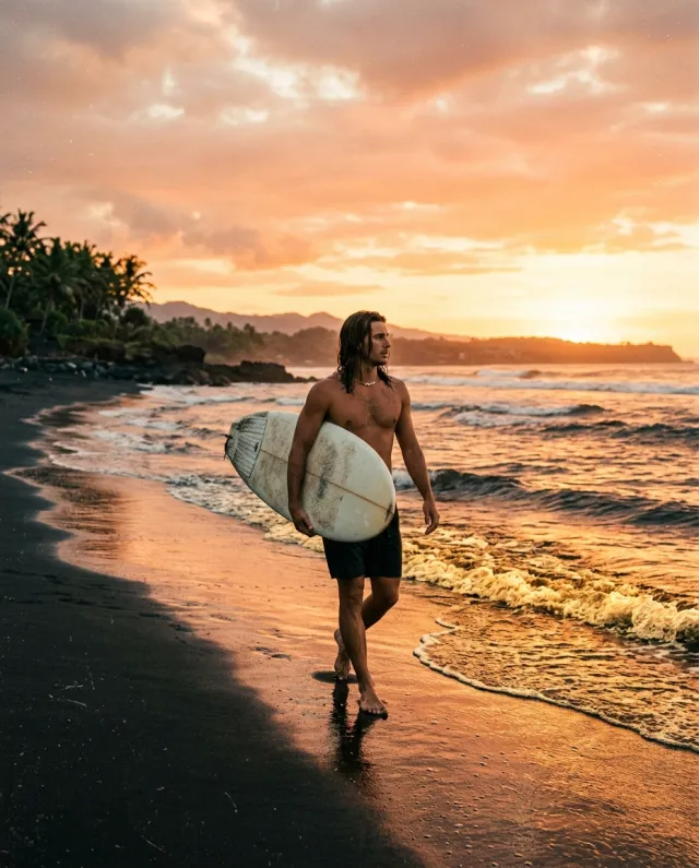 Black sand surfer sunset, Bali