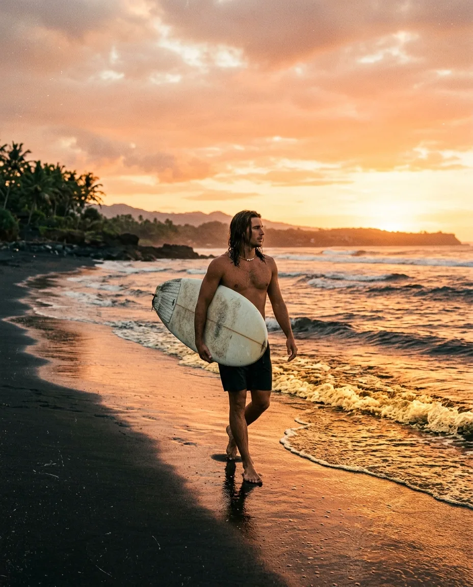 Black sand surfer sunset, Bali