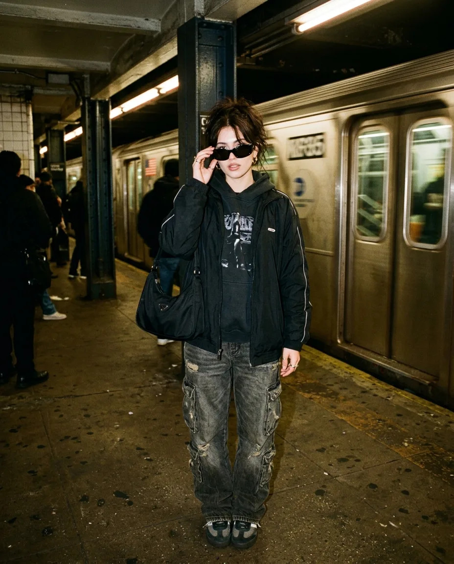 Subway platform flash portrait, New York